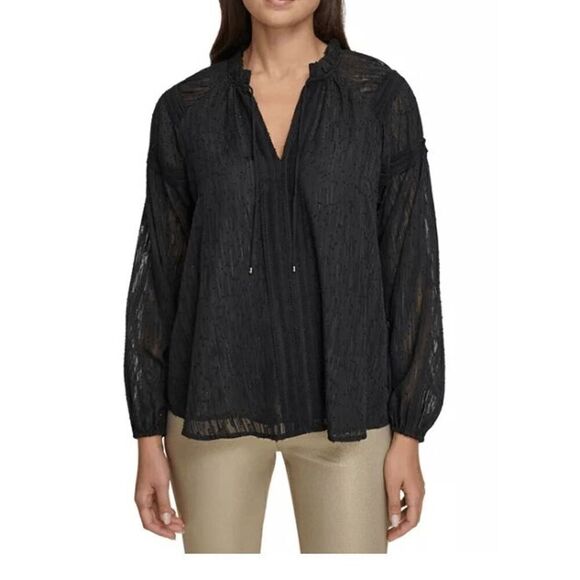 TOMMY HILFIGER Women's Black Textured Split-Neck Long Sleeve Top L - Picture 1 of 8